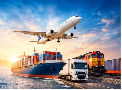 Cargo plane, container ship, truck and train moving freight