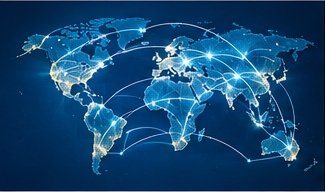 World map with shipping network lines
