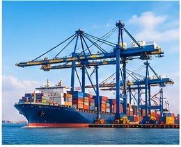 Port cranes loading a container ship