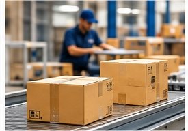 Parcels moving on a warehouse conveyor